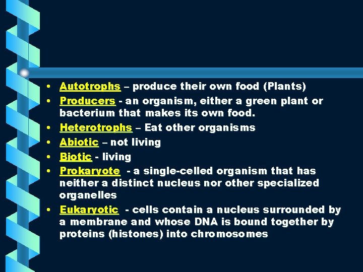  • Autotrophs – produce their own food (Plants) • Producers - an organism,
