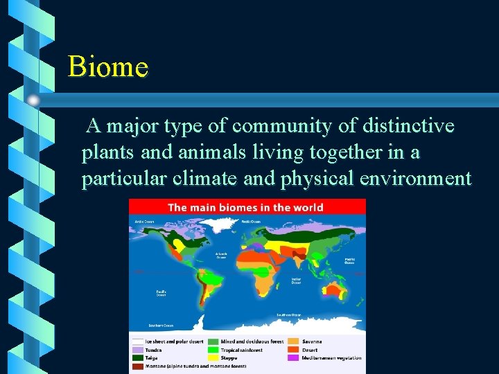 Biome A major type of community of distinctive plants and animals living together in