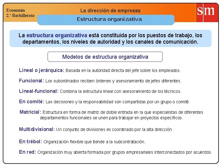 Economía 2. º Bachillerato La dirección de empresas Estructura organizativa La estructura organizativa está