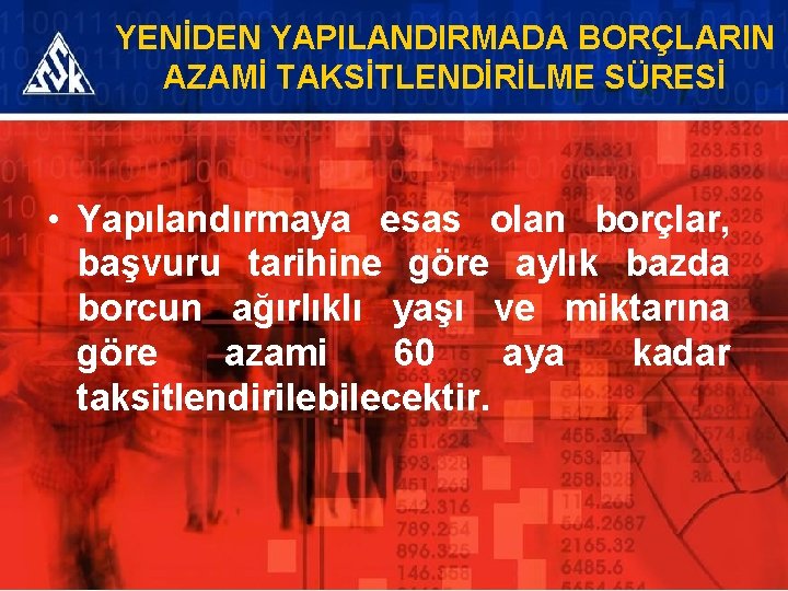 YENİDEN YAPILANDIRMADA BORÇLARIN AZAMİ TAKSİTLENDİRİLME SÜRESİ • Yapılandırmaya esas olan borçlar, başvuru tarihine göre