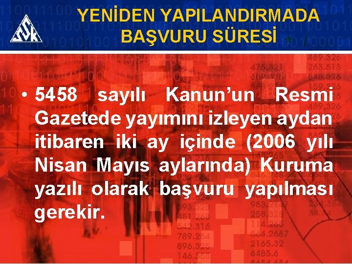 YENİDEN YAPILANDIRMADA BAŞVURU SÜRESİ • 5458 sayılı Kanun’un Resmi Gazetede yayımını izleyen aydan itibaren