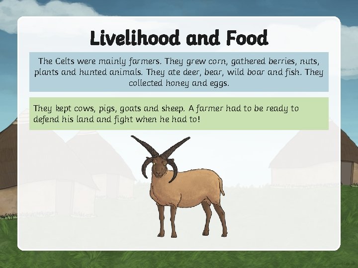 Livelihood and Food The Celts were mainly farmers. They grew corn, gathered berries, nuts,