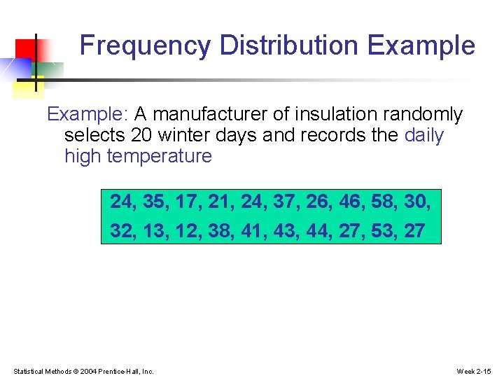 Frequency Distribution Example: A manufacturer of insulation randomly selects 20 winter days and records Frequency Distribution Example: A manufacturer of insulation randomly selects 20 winter days and records