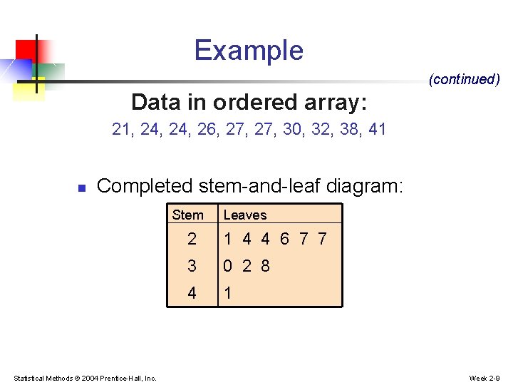Example (continued) Data in ordered array: 21, 24, 26, 27, 30, 32, 38, 41 Example (continued) Data in ordered array: 21, 24, 26, 27, 30, 32, 38, 41