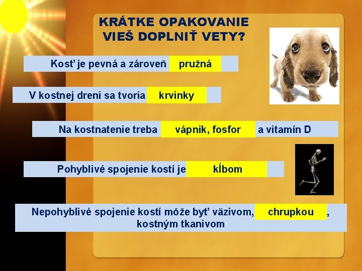 KRÁTKE OPAKOVANIE VIEŠ DOPLNIŤ VETY? Kosť je pevná a zároveň. . . . pružná