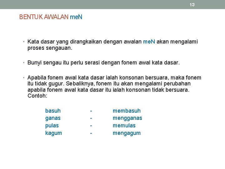 13 BENTUK AWALAN me. N • Kata dasar yang dirangkaikan dengan awalan me. N