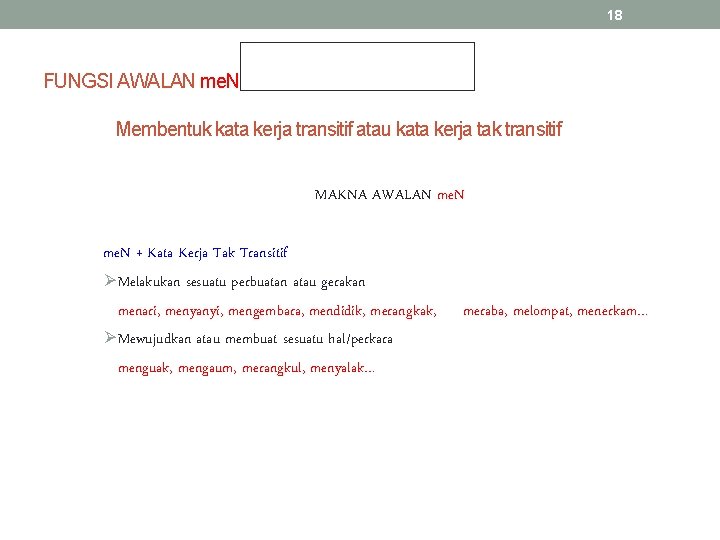 18 FUNGSI AWALAN me. N Membentuk kata kerja transitif atau kata kerja tak transitif