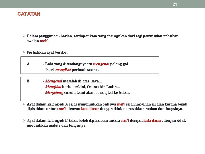 21 CATATAN Ø Dalam penggunaan harian, terdapat kata yang meragukan dari segi pewujudan imbuhan