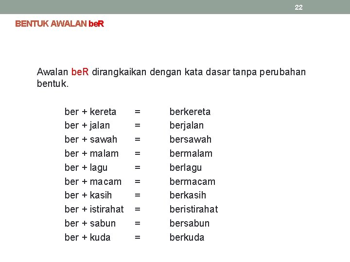 22 BENTUK AWALAN be. R Awalan be. R dirangkaikan dengan kata dasar tanpa perubahan