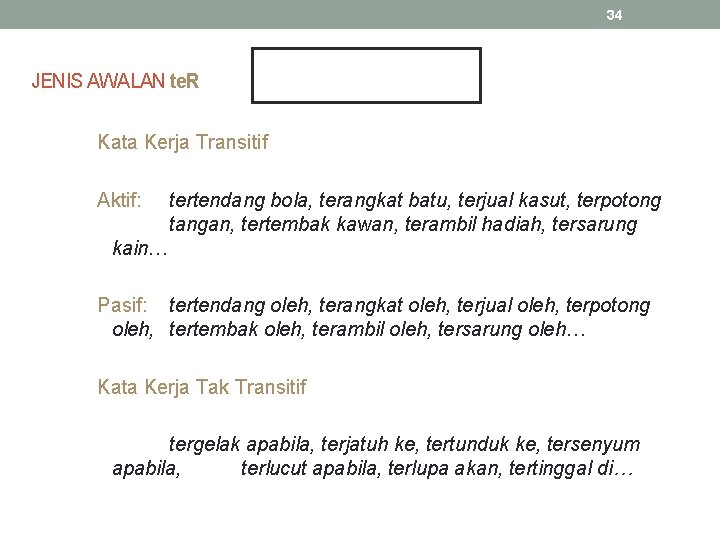 34 JENIS AWALAN te. R Kata Kerja Transitif Aktif: tertendang bola, terangkat batu, terjual