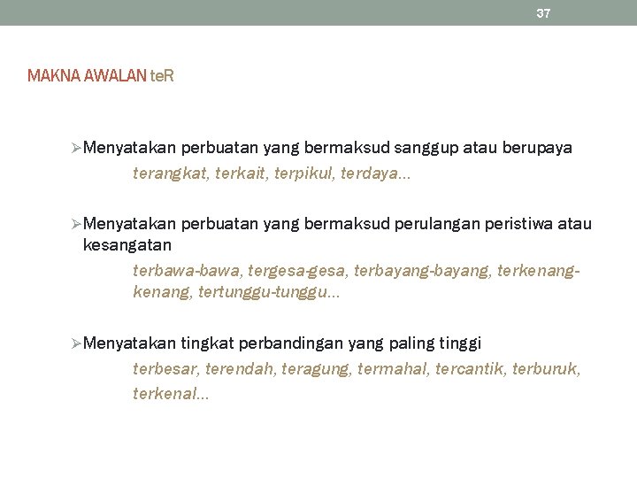 37 MAKNA AWALAN te. R ØMenyatakan perbuatan yang bermaksud sanggup atau berupaya terangkat, terkait,