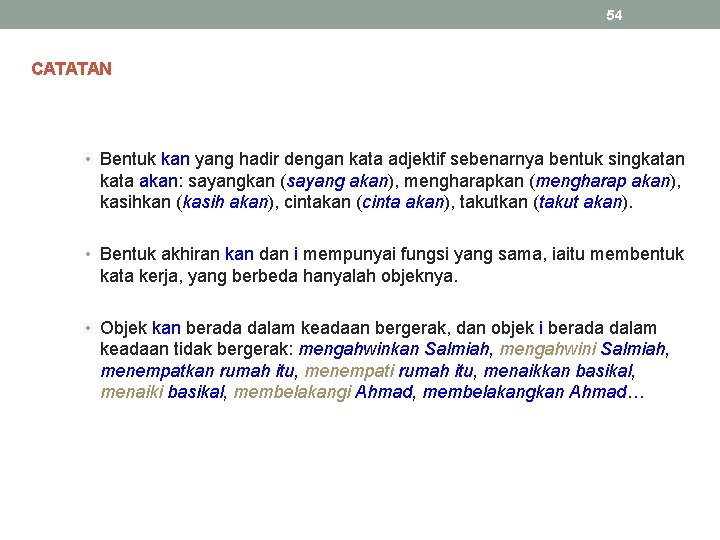 54 CATATAN • Bentuk kan yang hadir dengan kata adjektif sebenarnya bentuk singkatan kata