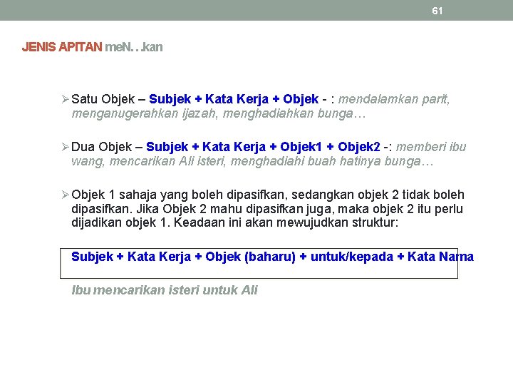 61 JENIS APITAN me. N…kan Ø Satu Objek – Subjek + Kata Kerja +