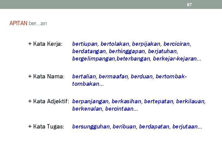 67 APITAN ber…an + Kata Kerja: bertiupan, bertolakan, berpijakan, berciciran, berdatangan, berhinggapan, berjatuhan, bergelimpangan,