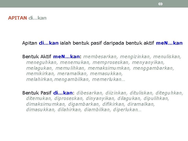 69 APITAN di…kan Apitan di…kan ialah bentuk pasif daripada bentuk aktif me. N…kan Bentuk