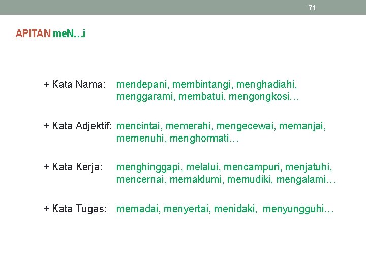 71 APITAN me. N…i + Kata Nama: mendepani, membintangi, menghadiahi, menggarami, membatui, mengongkosi… +