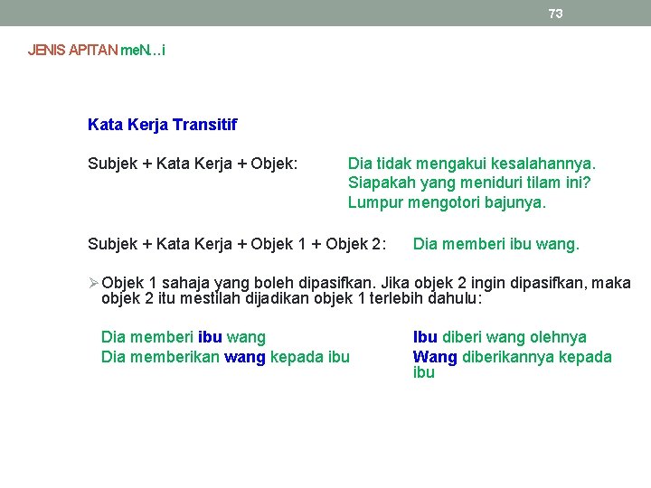 73 JENIS APITAN me. N…i Kata Kerja Transitif Subjek + Kata Kerja + Objek: