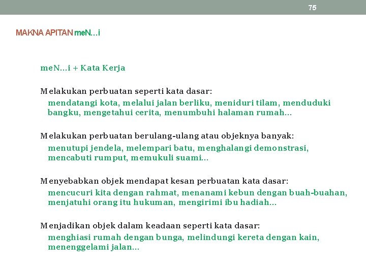 75 MAKNA APITAN me. N…i + Kata Kerja Melakukan perbuatan seperti kata dasar: mendatangi