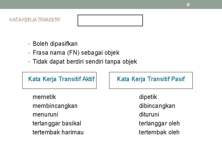 8 KATA KERJA TRANSITIF • Boleh dipasifkan • Frasa nama (FN) sebagai objek •