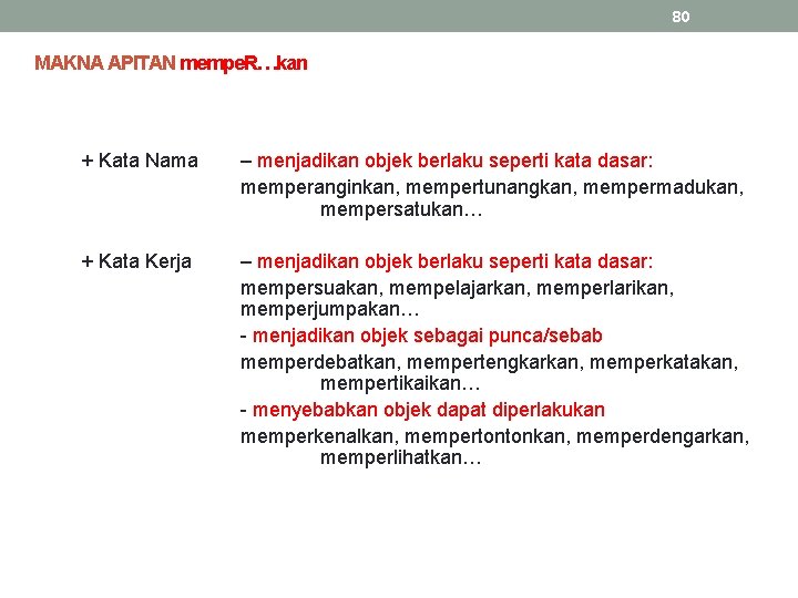 80 MAKNA APITAN mempe. R…kan + Kata Nama – menjadikan objek berlaku seperti kata