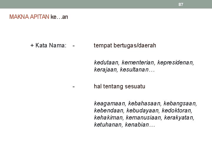 87 MAKNA APITAN ke…an + Kata Nama: - tempat bertugas/daerah kedutaan, kementerian, kepresidenan, kerajaan,