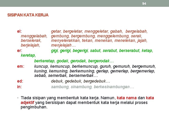 94 SISIPAN KATA KERJA el: getar, bergeletar, menggeletar, gabah, bergelabah, menggelabah, gembung, bergembung, menggelembung,