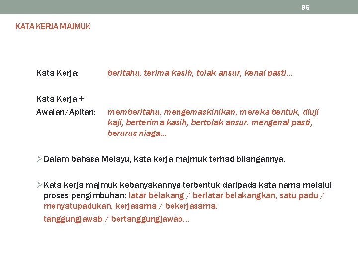 96 KATA KERJA MAJMUK Kata Kerja: Kata Kerja + Awalan/Apitan: beritahu, terima kasih, tolak