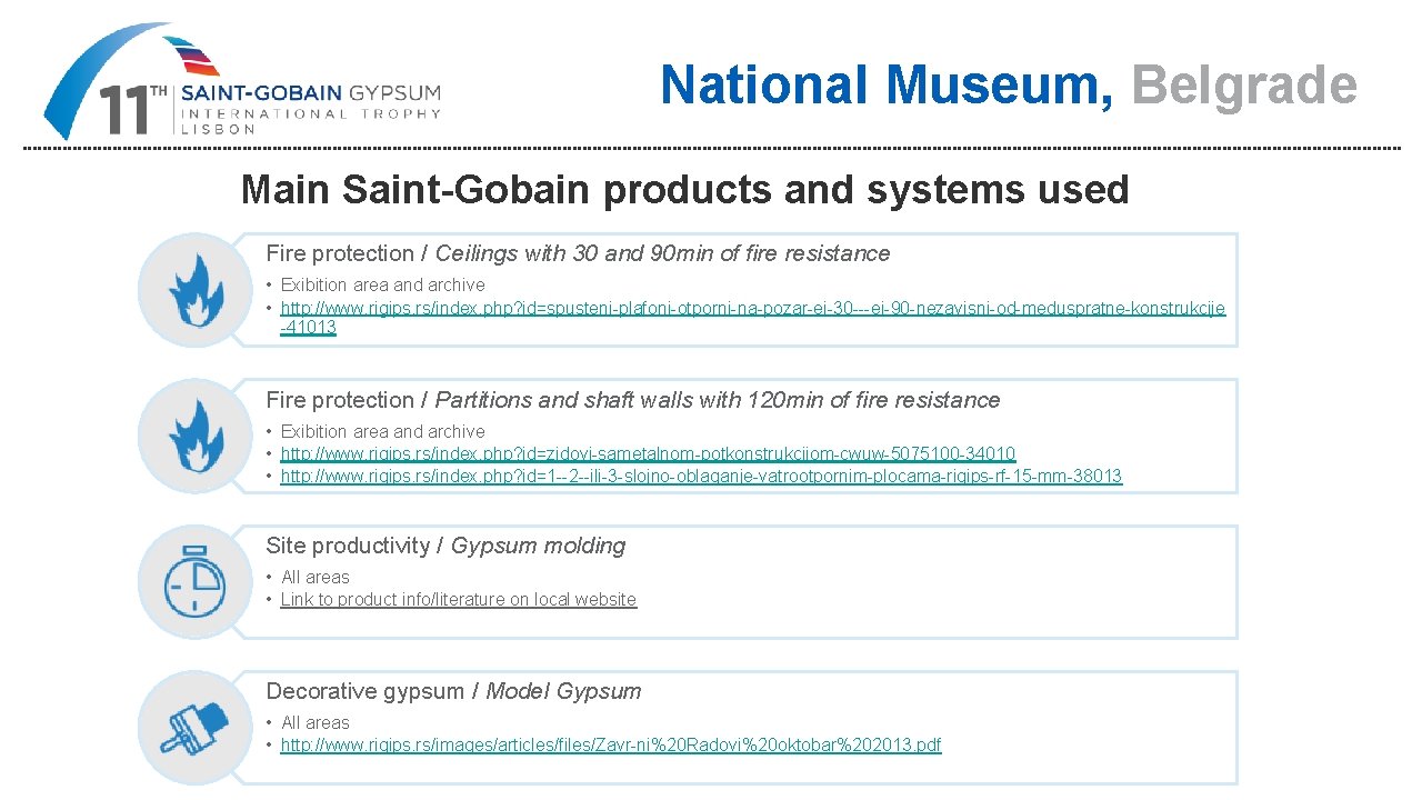 National Museum, Belgrade Main Saint-Gobain products and systems used Fire protection / Ceilings with