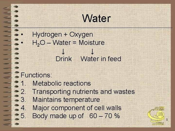 Water • • Hydrogen + Oxygen H 2 O – Water = Moisture ↓
