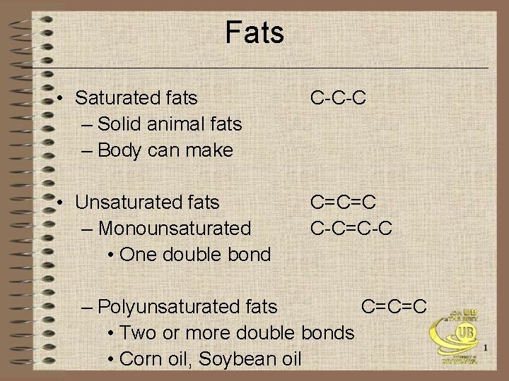 Fats • Saturated fats – Solid animal fats – Body can make C-C-C •