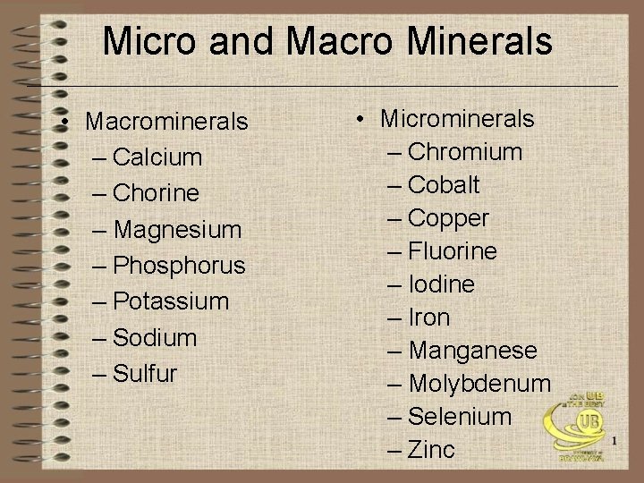 Micro and Macro Minerals • Macrominerals – Calcium – Chorine – Magnesium – Phosphorus