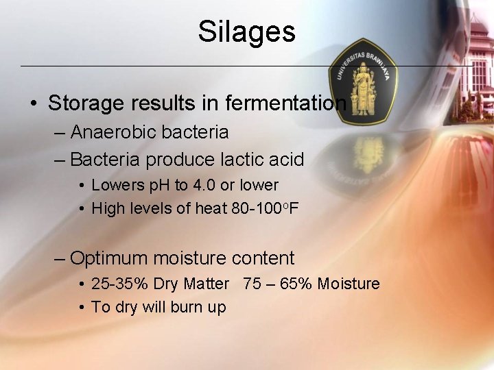 Silages • Storage results in fermentation – Anaerobic bacteria – Bacteria produce lactic acid