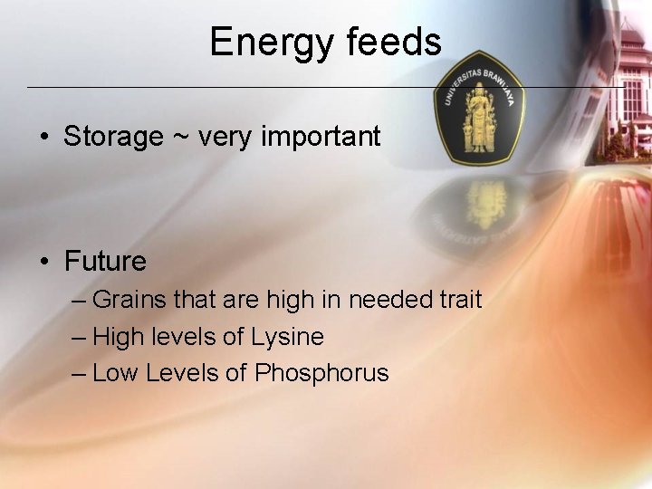 Energy feeds • Storage ~ very important • Future – Grains that are high
