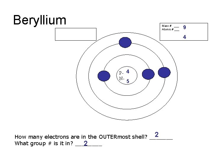 Beryllium Mass # ___ Atomic # ___ 9 4 P- 4 N- 5 2