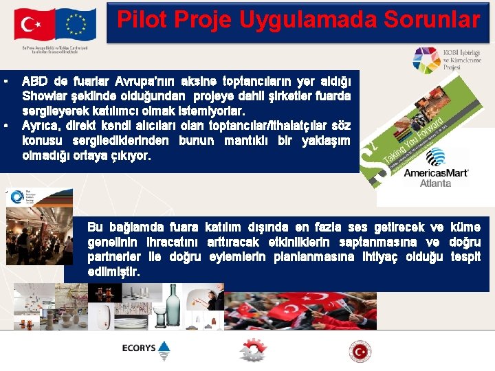 Pilot Proje Uygulamada Sorunlar • • ABD de fuarlar Avrupa’nın aksine toptancıların yer aldığı