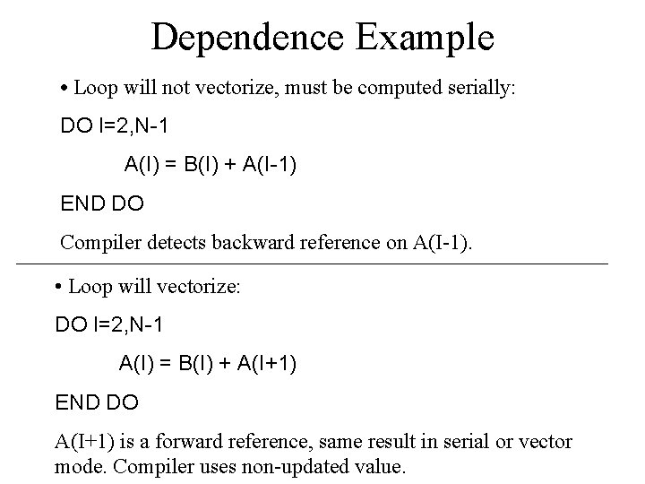 Dependence Example • Loop will not vectorize, must be computed serially: DO I=2, N-1