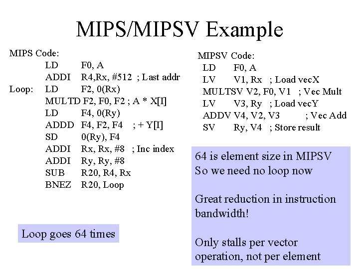 MIPS/MIPSV Example MIPS Code: LD F 0, A ADDI R 4, Rx, #512 ;