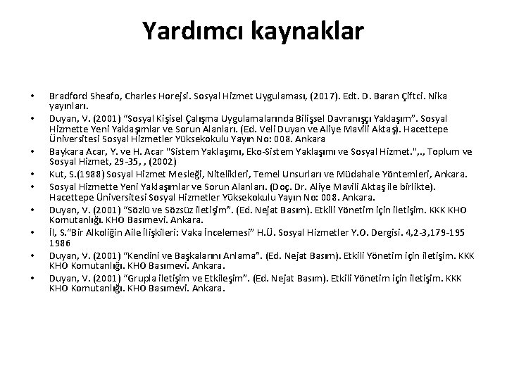 Yardımcı kaynaklar • • • Bradford Sheafo, Charles Horejsi. Sosyal Hizmet Uygulaması, (2017). Edt.