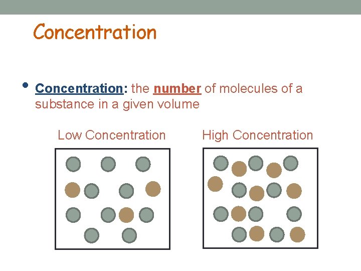Concentration • Concentration: the number of molecules of a substance in a given volume