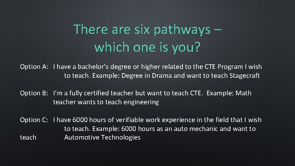 There are six pathways – which one is you? Option A: I have a