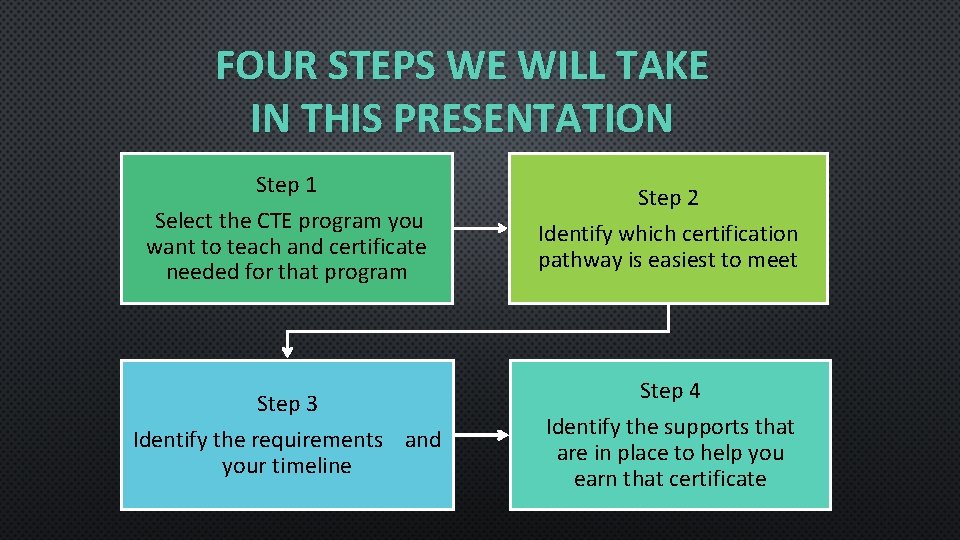 FOUR STEPS WE WILL TAKE IN THIS PRESENTATION Step 1 Select the CTE program