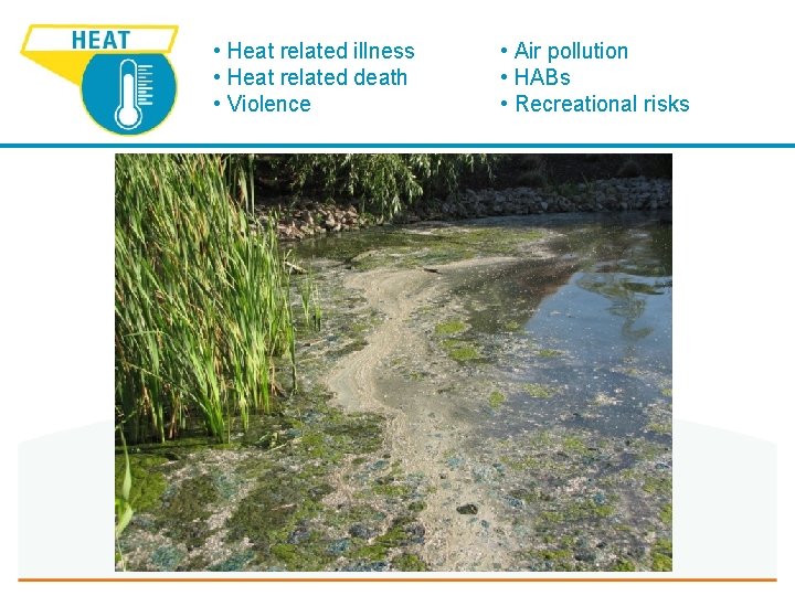  • Heat related illness • Heat related death • Violence • Air pollution