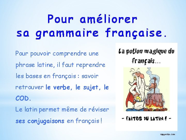 Pour améliorer sa grammaire française. Pour pouvoir comprendre une phrase latine, il faut reprendre