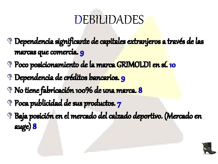 DEBILIDADES D Dependencia significante de capitales extranjeros a través de las marcas que comercia.