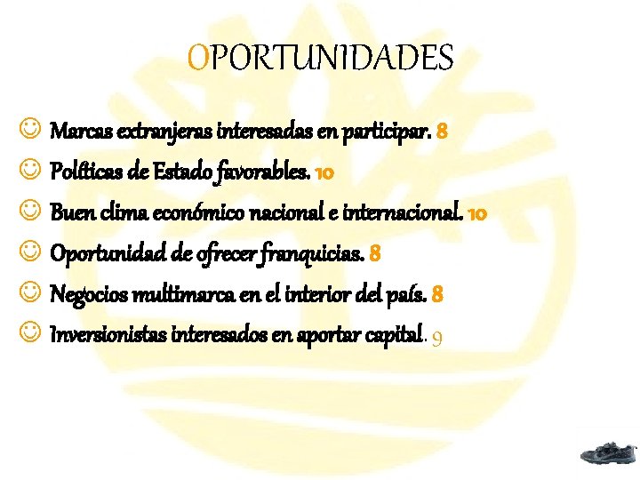 OPORTUNIDADES J Marcas extranjeras interesadas en participar. 8 J Políticas de Estado favorables. 10