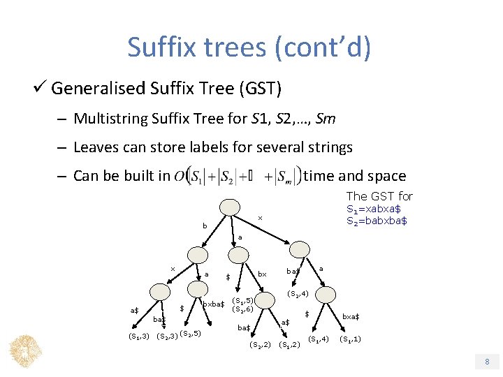 Suffix trees (cont’d) ü Generalised Suffix Tree (GST) – Multistring Suffix Tree for S