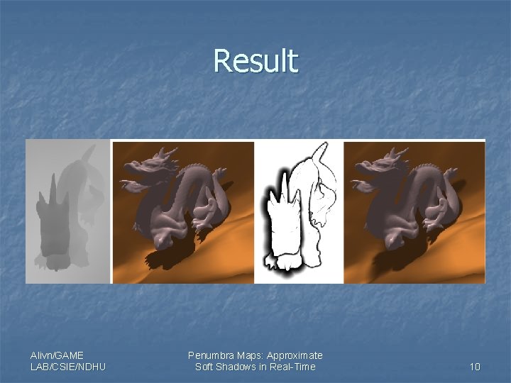 Result Alivn/GAME LAB/CSIE/NDHU Penumbra Maps: Approximate Soft Shadows in Real-Time 10 