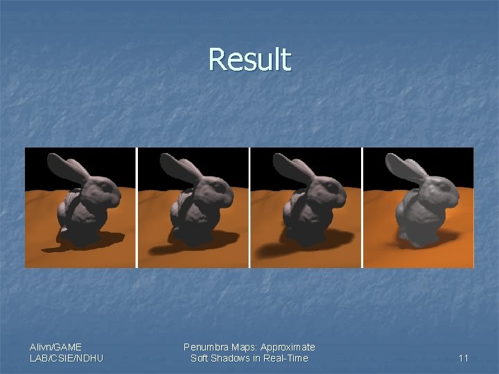 Result Alivn/GAME LAB/CSIE/NDHU Penumbra Maps: Approximate Soft Shadows in Real-Time 11 