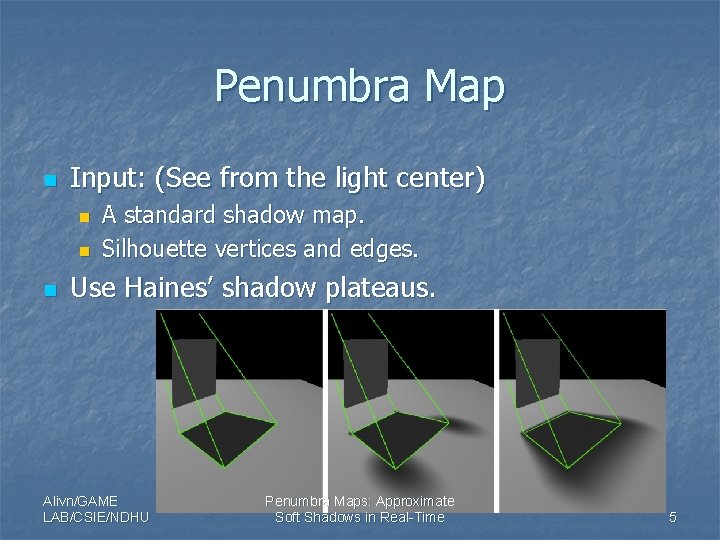 Penumbra Map n Input: (See from the light center) n n n A standard