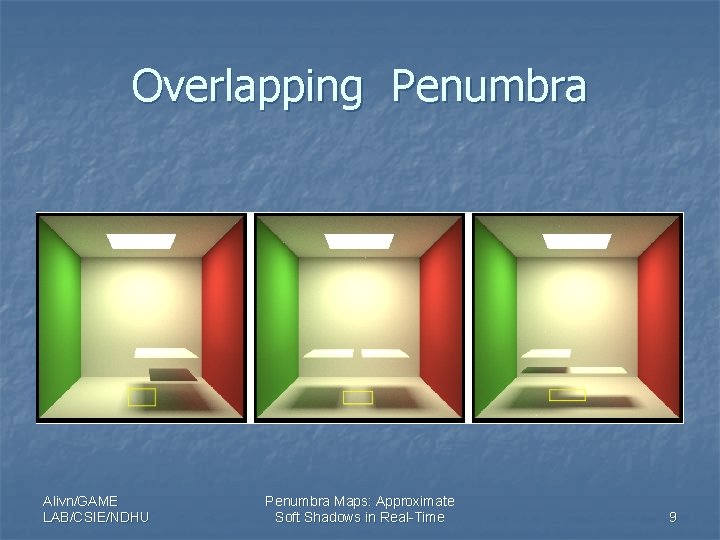 Overlapping Penumbra Alivn/GAME LAB/CSIE/NDHU Penumbra Maps: Approximate Soft Shadows in Real-Time 9 